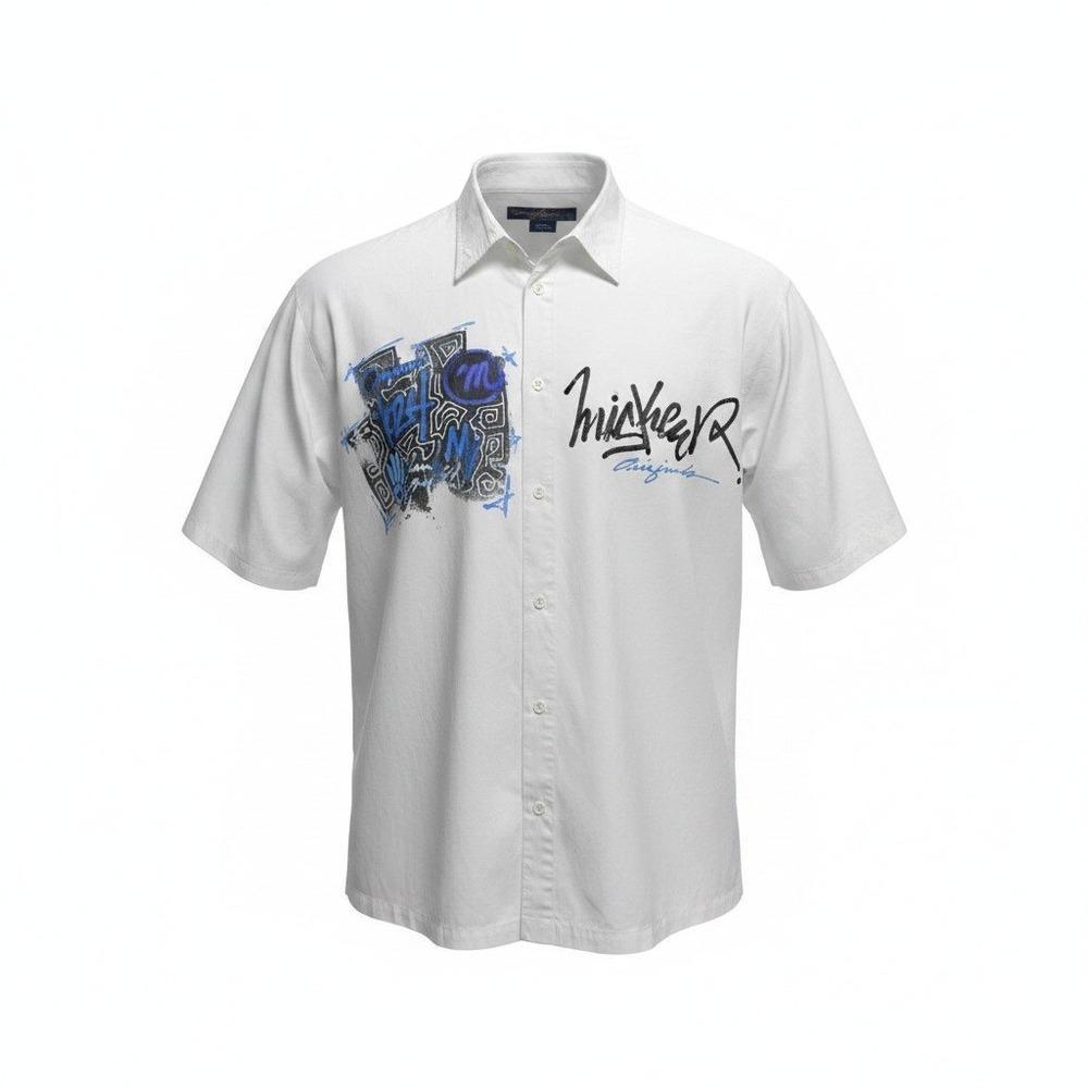 Men's Miskeen White Blue Hand-Painted Casual Shirts 4XL